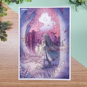 Autumn Moon Art Print: Dark Moonlit Forest, Woman with Lantern (5x7) Matte Cotton Rag Paper image 1