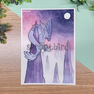 White Dragon Art Print: Crystal Spire, Full Moon, Fantasy Illustration (5x7)