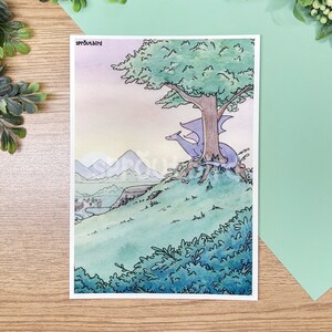 Purple Dragon Art Print: Mountain Valley Village Landscape (5x7) Matte Cotton Rag Paper