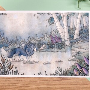 Winged Fox Art Print: Birch Forest Foxfire Trail (5x7) Matte Cotton Rag Paper
