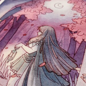 Autumn Moon Art Print: Dark Moonlit Forest, Woman with Lantern (5x7) Matte Cotton Rag Paper image 4