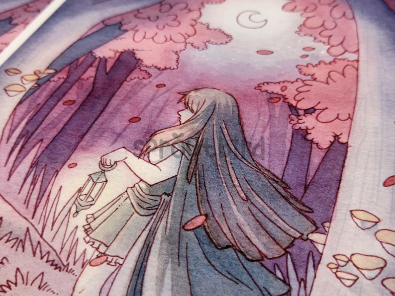 Autumn Moon Art Print: Dark Moonlit Forest, Woman with Lantern (5x7) Matte Cotton Rag Paper image 4