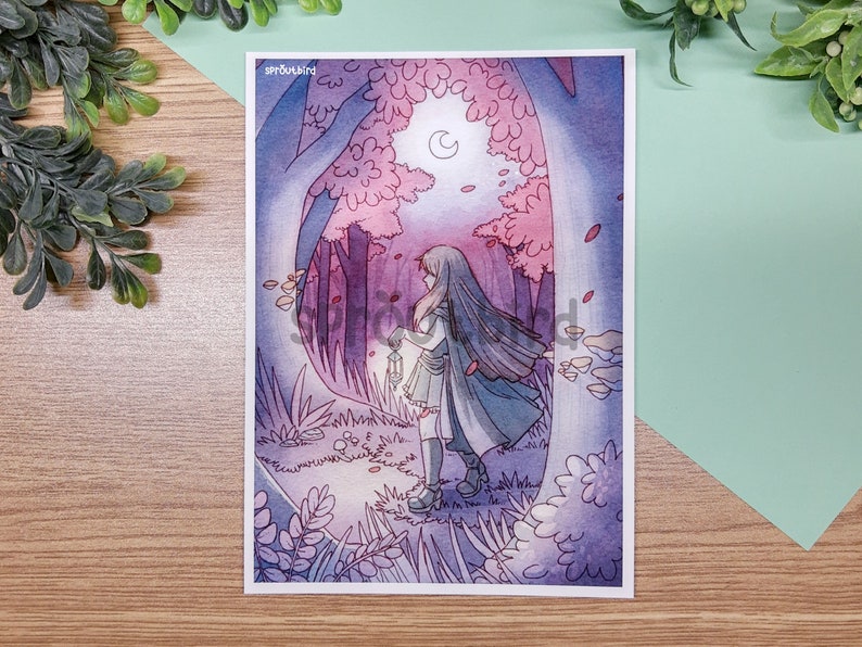 Autumn Moon Art Print: Dark Moonlit Forest, Woman with Lantern (5x7) Matte Cotton Rag Paper image 1