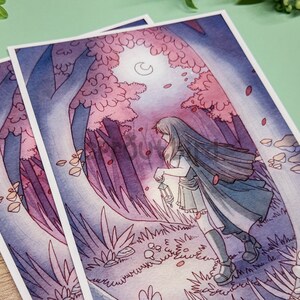 Autumn Moon Art Print: Dark Moonlit Forest, Woman with Lantern (5x7) Matte Cotton Rag Paper image 2