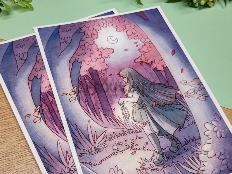Autumn Moon Art Print: Dark Moonlit Forest, Woman with Lantern (5x7) Matte Cotton Rag Paper image 2