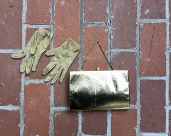 Vintage Metallic Gold Clutch + Gold Sparkle Gloves