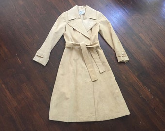 1970s Fawn Wrap Trench, Vegan Faux Suede, Saks Fifth Ave