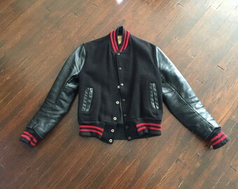 Vintage 1950s De Long Leather + Wool Varsity Jacket, Youth or XS