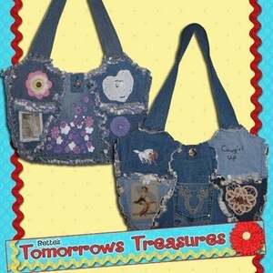 May include: Two denim tote bags with patchwork designs. The bag on the left has a pink flower, purple flowers, and a white heart. The bag on the right has a white horse, a horseshoe, and the text "Cowgirl Up".