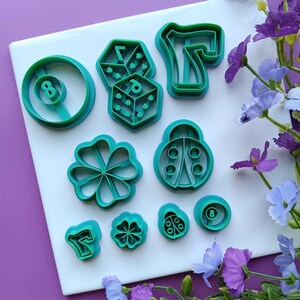 Lucky St Patrick's Day polymer clay cutter - Eight ball, Dice, Seven, Lady bug, Clover