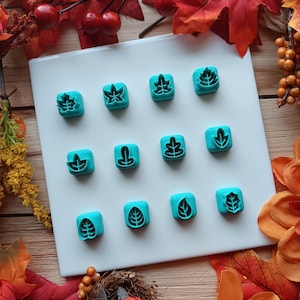 May include: A collection of twelve teal leaf-shaped cookie cutters arranged on a white square tile. The cutters feature various leaf designs. The background includes autumn-themed decorations with red and orange leaves and berries.