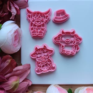 Spring time cow cutie polymer clay cutter - Highland cow, Hat, Honey pot