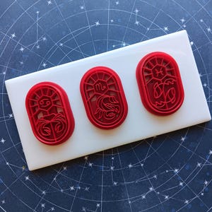 May include: Three red plastic cookie cutters in an oval shape, each featuring a different zodiac sign: Cancer, Scorpio, and Pisces. The cutters are arranged on a white rectangular surface, set against a dark blue background with a constellation pattern.