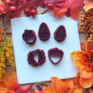 May include: Five burgundy-colored cookie cutters in the shapes of acorns and pinecones are arranged on a white surface. The image is surrounded by fall-themed decorations, including red leaves, berries, and orange flowers. The cutters are for baking.