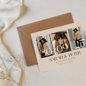 Retenez le modèle, faites une invitation avec photo minimaliste, réservez votre date pour mariage, toile de carte, monogramme moderne, modifiable, modèle DIY