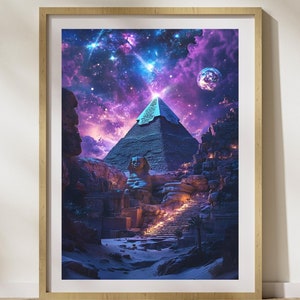 May include: A digital art print featuring a large pyramid with a glowing blue top, set against a purple and blue starry sky. The pyramid is surrounded by a desert landscape with a sphinx statue and a path leading up to the pyramid.