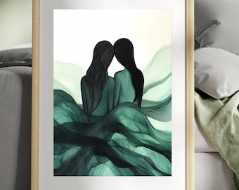 Lámina artística de pareja LGBTQ+ verde esmeralda: dibujo lineal minimalista (descarga digital)