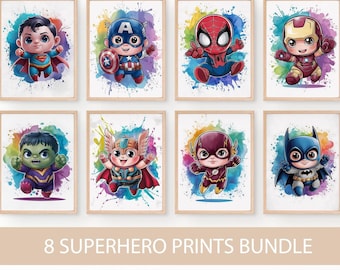 Superhero Nursery Prints | Kids Room Decor, Set of 8 (Digital Download)