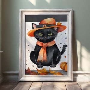 Halloween Black Cat Digital Download, Cute Watercolor Art, Fall Witch Hat Cat,  Autumn Printable Wall Decor, Cat Lover Gift,