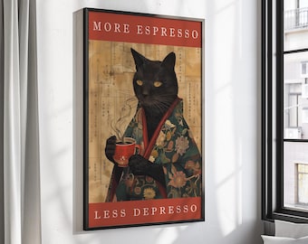 Lámina artística de un divertido gato negro con espresso: decoración vintage de café (descarga digital)