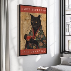 Funny Black Cat Espresso Poster, More Espresso Less Depresso Wall Art, Vintage Cat Coffee Print, Cat Lover Gift, Coffee Decor