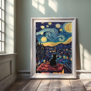 Van Gogh Inspired Starry Night Cat Print | Celestial Feline Wall Art | Unique Digital Download for Cat Lovers & Home Decor