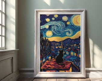 星月夜の猫のプリント：ゴッホにインスパイアされた猫のアート（デジタルダウンロード）