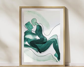 Impresión artística de pareja verde esmeralda: silueta romántica abstracta (descarga digital)