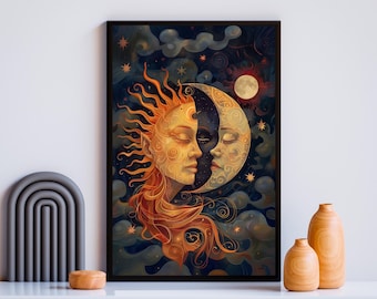 Sun and Moon Celestial Art Print: Boho Astrology Decor (Digital Download)