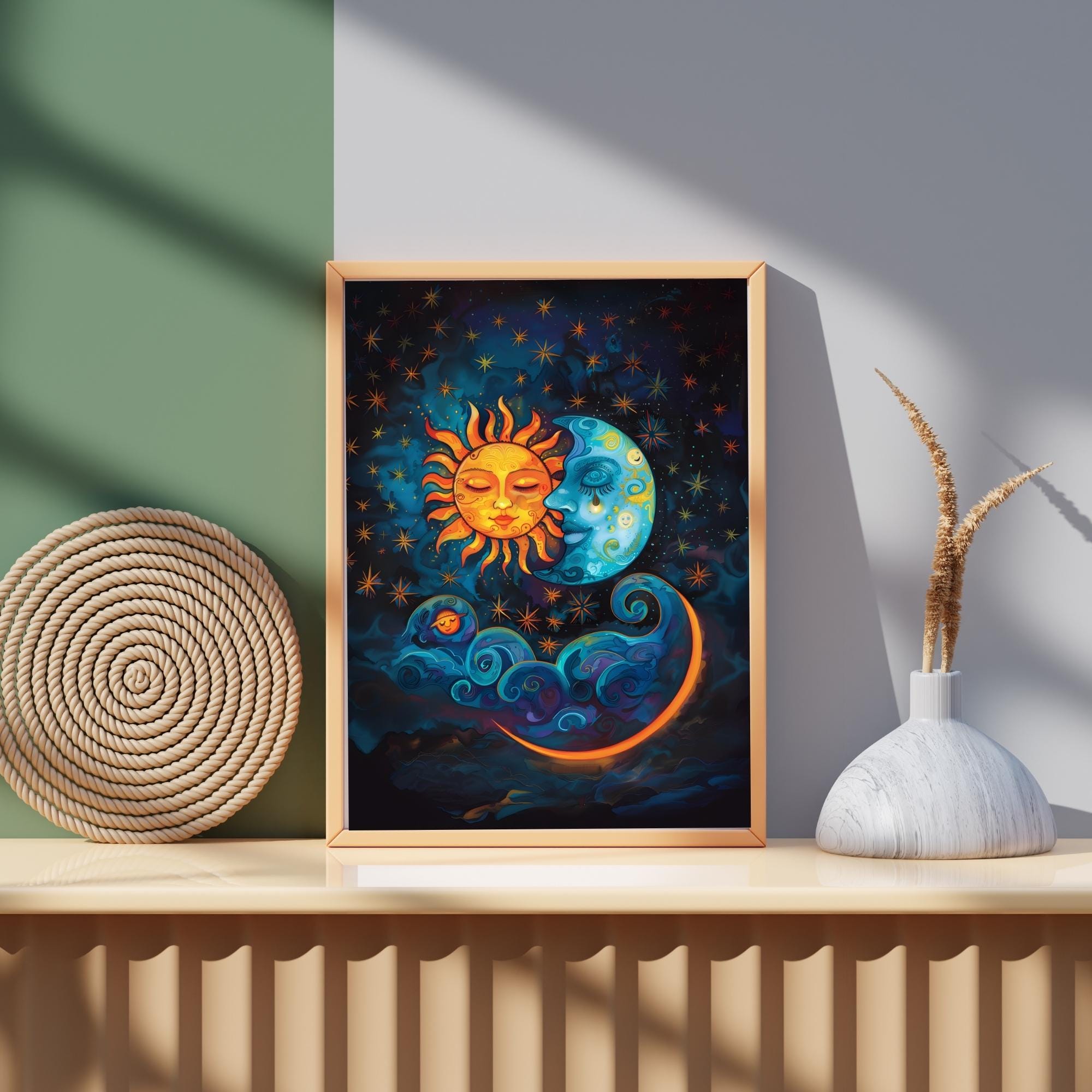 Sun and Moon Celestial Art Print: Whimsical Fantasy Home Decor (digital ...