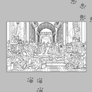 Scuola di Atene ma Gatti Pagina da colorare digitale / Parodia di arte digitale per colorare, rilassante / Scarabocchi carini e sciocchi