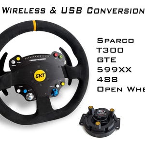 May include: A black racing steering wheel with a yellow center stripe, paddle shifters, and a central hub labeled SKT. Text reads Wireless & USB Conversion, Sparco, T300, GTE, 599XX, 488, Open Wheel. A separate black circular adapter component is included.
