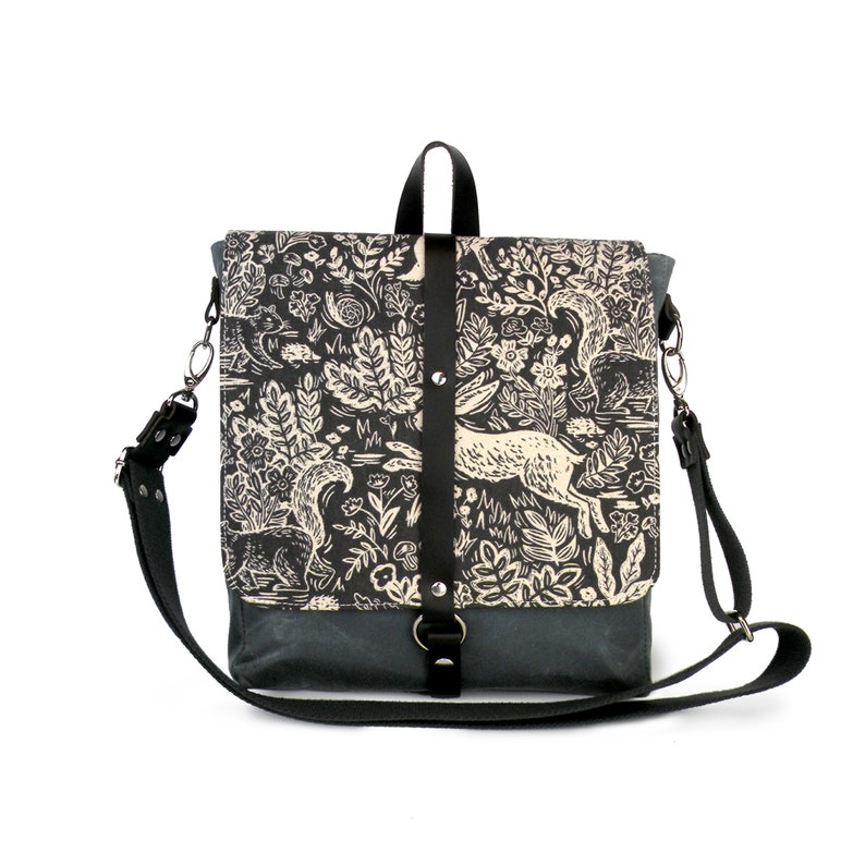 Crossbody Bag, Floral Backpack, Convertible Purse, Travel Bag, Waxed Canvas Messenger, Canvas and Leather, Grey Waxed Canvas, Skinny Laminx Woodland Print