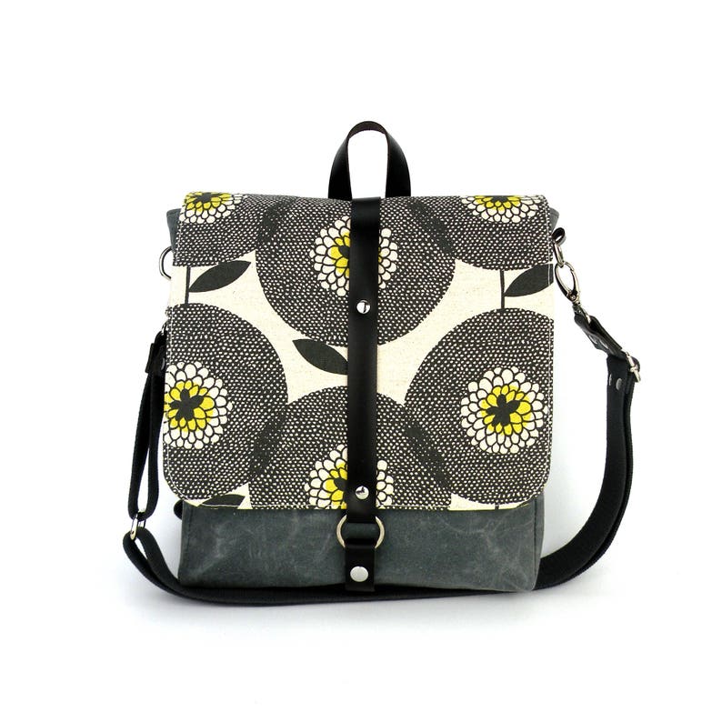 Crossbody Bag, Floral Backpack, Convertible Purse, Travel Bag, Waxed Canvas Messenger, Canvas and Leather, Grey Waxed Canvas, Skinny Laminx Flowerfields