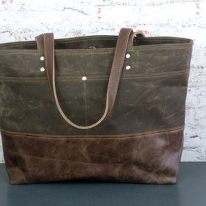 Chocolate Brown Tote, Waxed Canvas Tote, Leather Bottom Bag, Sturdy Work Bag, Computer Tote, Large Commuter Bag, Knitting Bag, Large Purse image 2