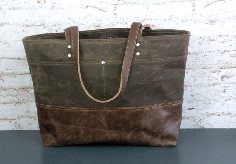 Chocolate Brown Tote, Waxed Canvas Tote, Leather Bottom Bag, Sturdy Work Bag, Computer Tote, Large Commuter Bag, Knitting Bag, Large Purse image 2