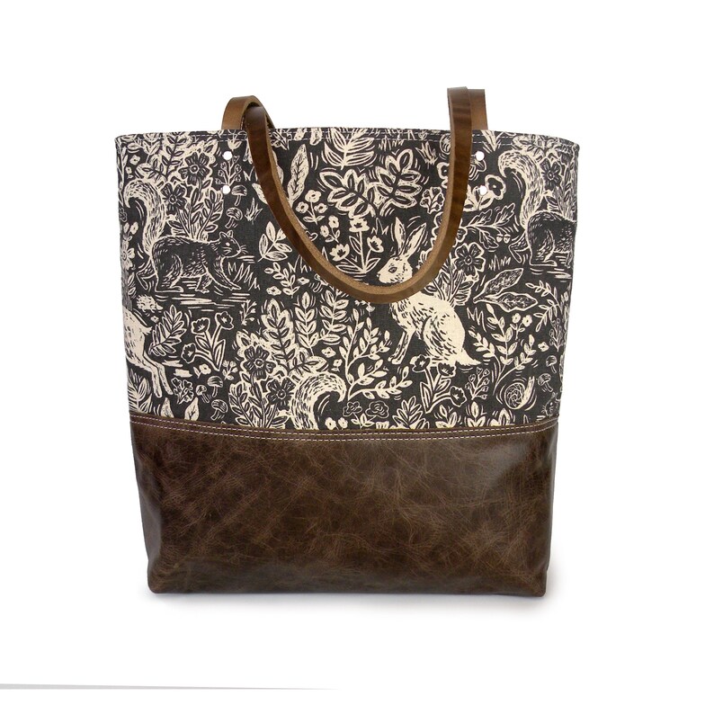 Leather Bottom Tote Bag in Woodland Print, Over the Shoulder Purse