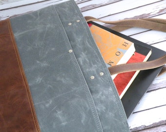 Charcoal Grey Waxed Canvas Tote Bag: Leather Bottom Work Bag