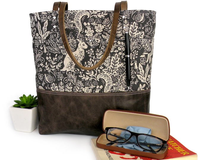 Leather Bottom Tote Bag in Woodland Print, Over the Shoulder Purse