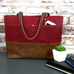 Ruby Red Tote Bag, Waxed Canvas Tote, Leather Bottom Bag, Sturdy Work Bag, Computer Tote, Large Commuter Bag, Knitting Bag, Large Purse image 3