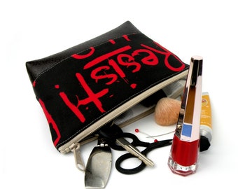 Resist Print Vegan Cosmetic Bag: Faux Leather Bottom Pouch