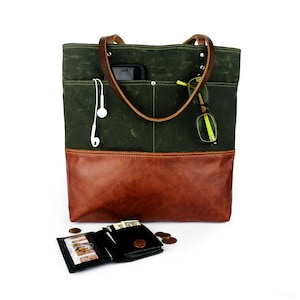 Waxed Canvas Tote Bag: Green Laptop Bag with Leather Straps
