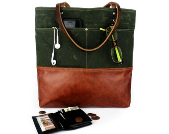 Waxed Canvas Tote Bag: Green Laptop Bag with Leather Straps