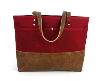 Ruby Red Tote Bag, Waxed Canvas Tote, Leather Bottom Bag, Sturdy Work Bag, Computer Tote, Large Commuter Bag, Knitting Bag, Large Purse