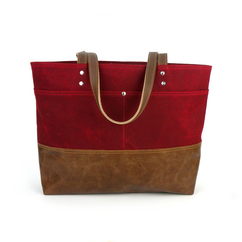 Ruby Red Tote Bag, Waxed Canvas Tote, Leather Bottom Bag, Sturdy Work Bag, Computer Tote, Large Commuter Bag, Knitting Bag, Large Purse image 1