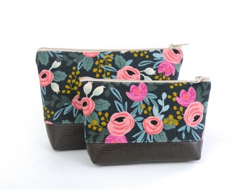 Floral Print Clutch: Vegan Leather Bottom Cosmetic Travel Bag