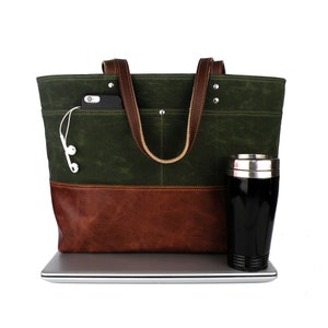 Large Olive Green tote, Waxed Canvas bag, Leather Bottom, Sturdy Work Bag, Computer Tote, Large Commuter Bag, Knitting Bag, Laptop Bag