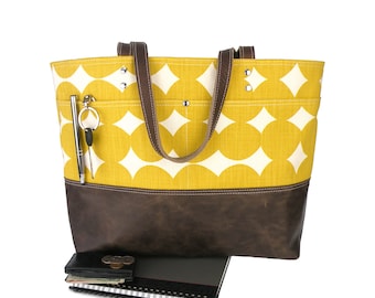 Mustard Dot Canvas Tote Bag: Leather Bottom, Skinny LaMinx Print