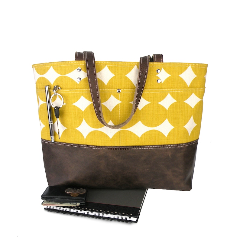 Mustard Dot Tote, Canvas Tote handbag, Leather Bottom, Carry all bag, laptop Tote, Skinny LaMinx Bag, Large Tote, Knitting Bag, Large Purse image 1