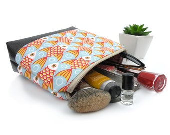 Eco Makeup Organizer, Goldfish Print, Faux Leather Bottom, Vegan Cosmetic, Personal Cosmetic Bag, Zipper Top Pouch, laminated lining